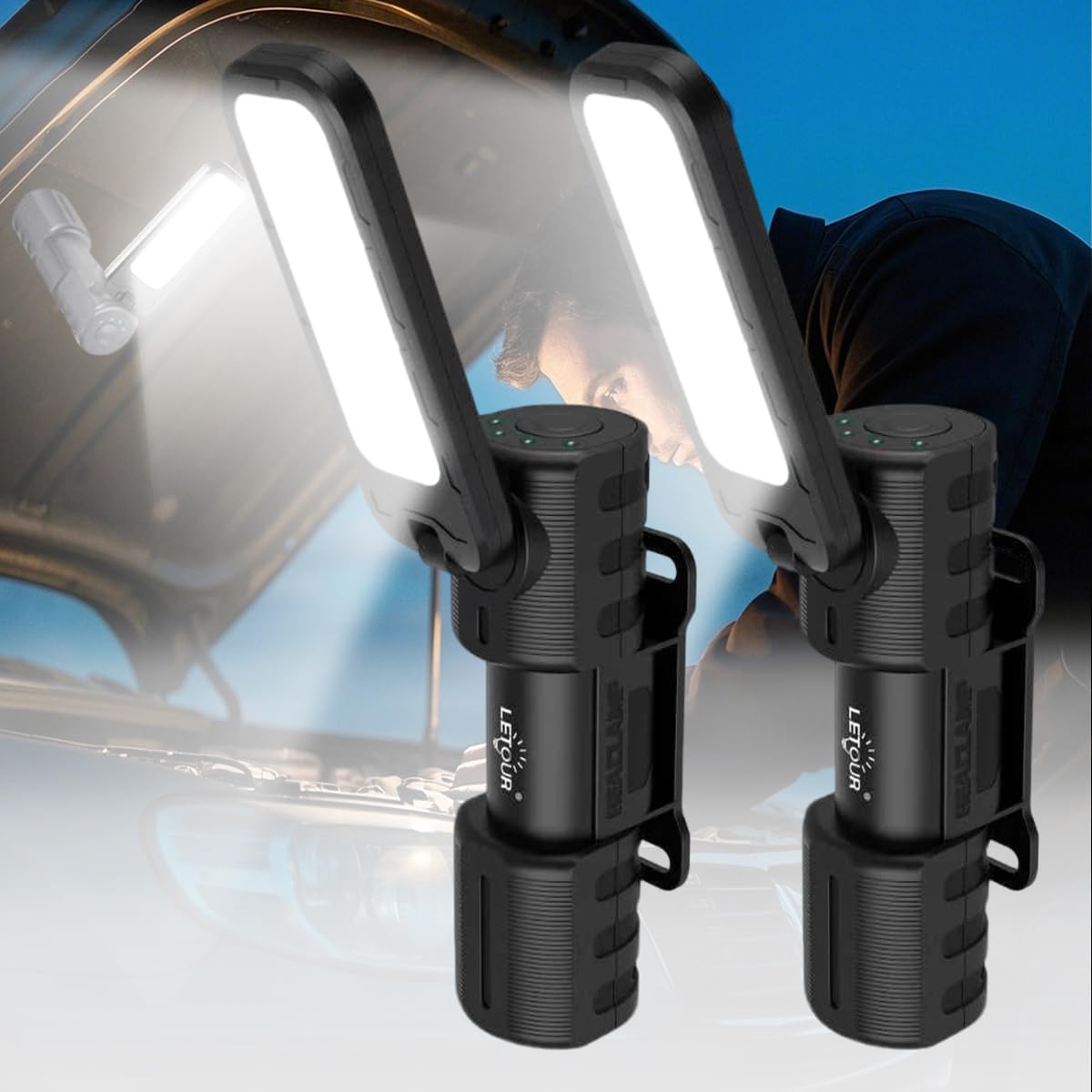 

LETOUR LED Work Light (Set of 2) with Magnetic Charging, Foldable, and Rechargeable, 180° Adjustable Angle for Compact Use in Repairs, Construction, A