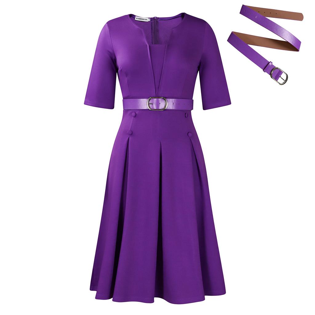 Women's Autumn Fashion Elegant Temperament Solid Color Five Quarter Sleeve Dress