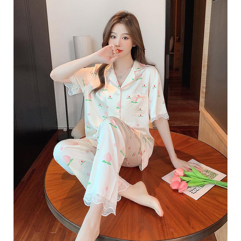 Letní tenký svetr Krátký rukáv Dlouhé kalhoty Kardigan Design Estetika Ležérní Volný Souprava bytového zařízení Pyžamo Dámské Nové