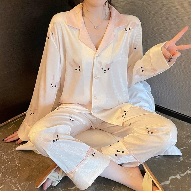 Solid color lace splicing silky suit pajamas women's long-sleeved trousers two-piece set of high-end ice silk loungewear