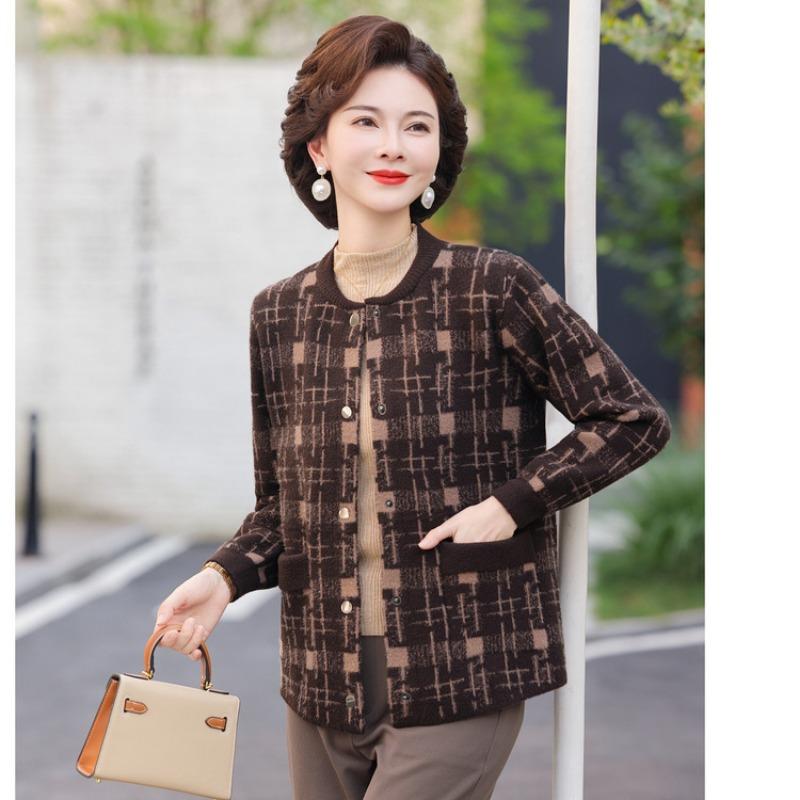 

Мама осень и зима вязаный свитер куртка для женщин среднего и пожилого возраста клетчатый вельветовый женский кардиган топ 3XL хаки