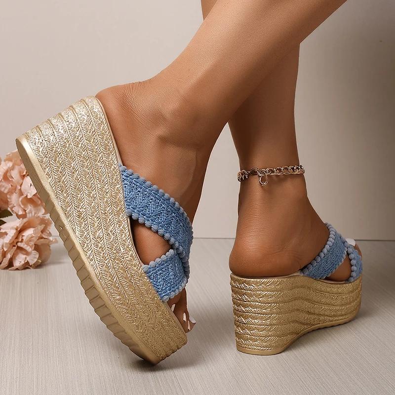 Fashion Cross Strap Chunky Platform Sandals for Women 2025 Summer Thick Bottom Wedge Slippers Woman Plus Size Fashion High Heel Sandals