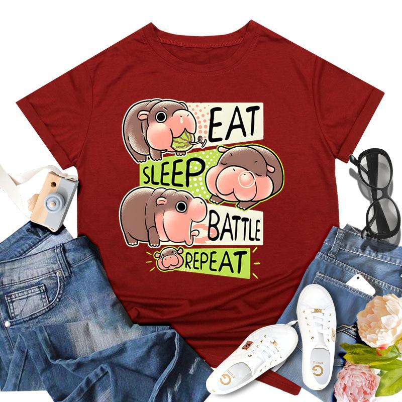 

Удобные женские повседневные универсальные футболки с принтом Moo Deng Bouncing Pig, модные свободные футболки с короткими рукавами и круглым вырезом для женщин 3XL бордовый