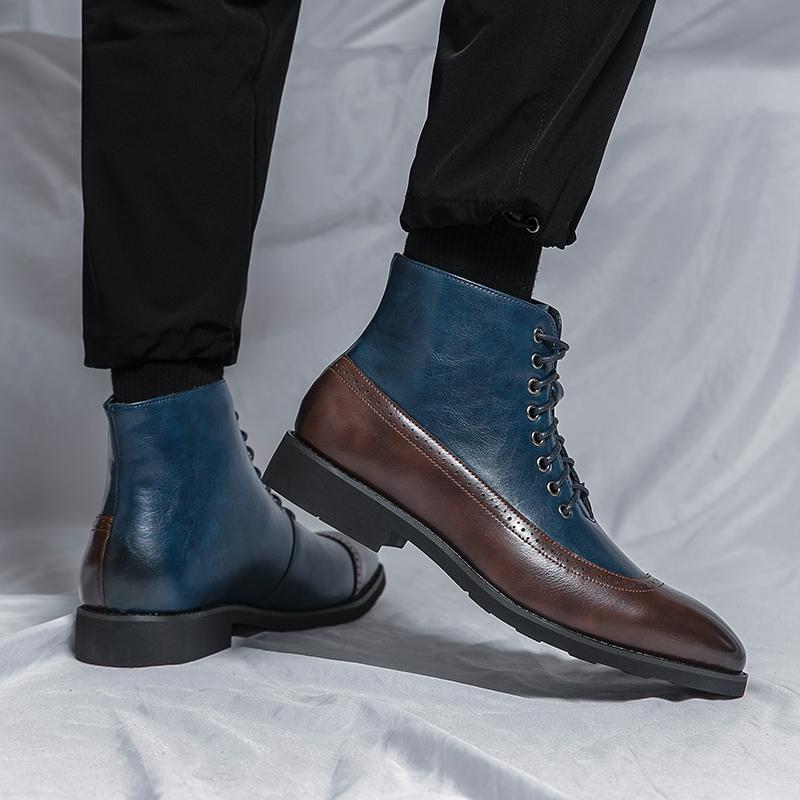 Fashion Men Short Boots Blue Fashion Handmade Men Ankle Boots Lace-up Square Toe Mixed Colors  Botas Cuturno Masculinas