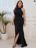 European & American Split Fashion Solid Color Round Neck Long Dress