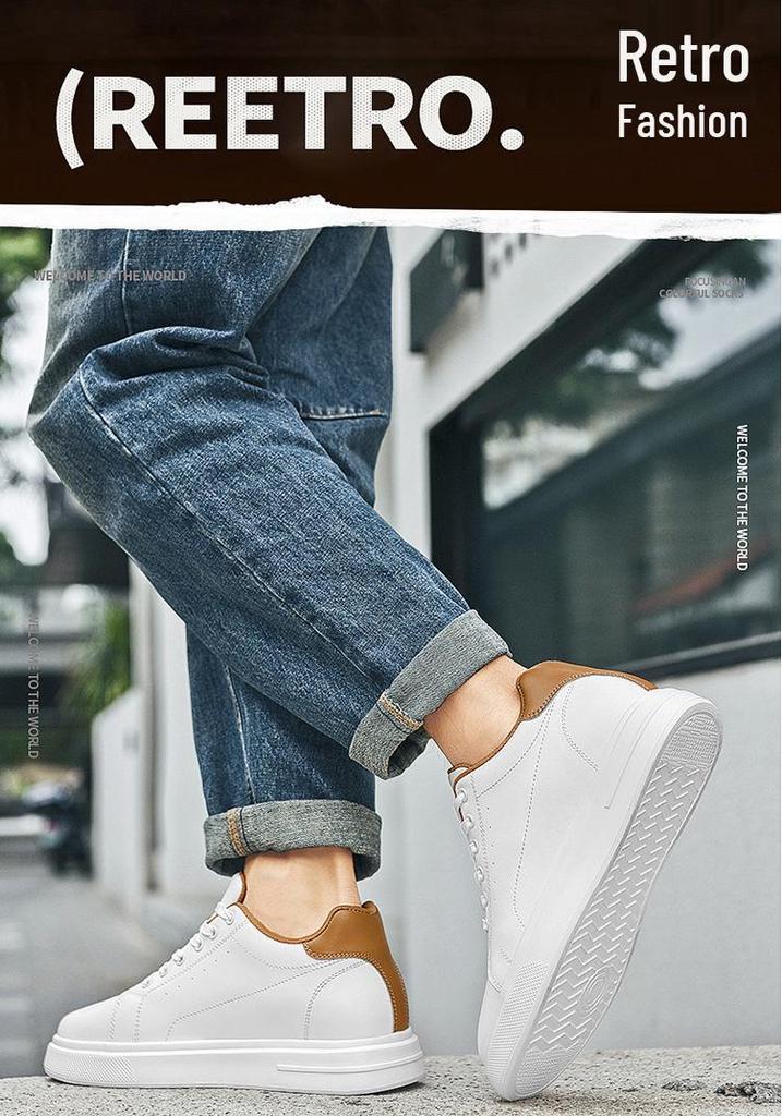 Pánské kožené tenisky zvyšující výšku o 8 cm - Bílé, Trendy silná podrážka, Prodyšné a ležérní sportovní styl
