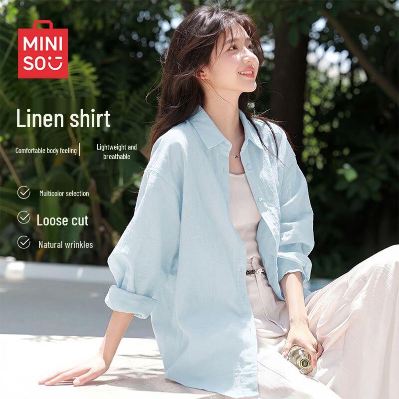 MINISO Women s Lightweight Linen Blend Loose Fit Old Money Shirt L