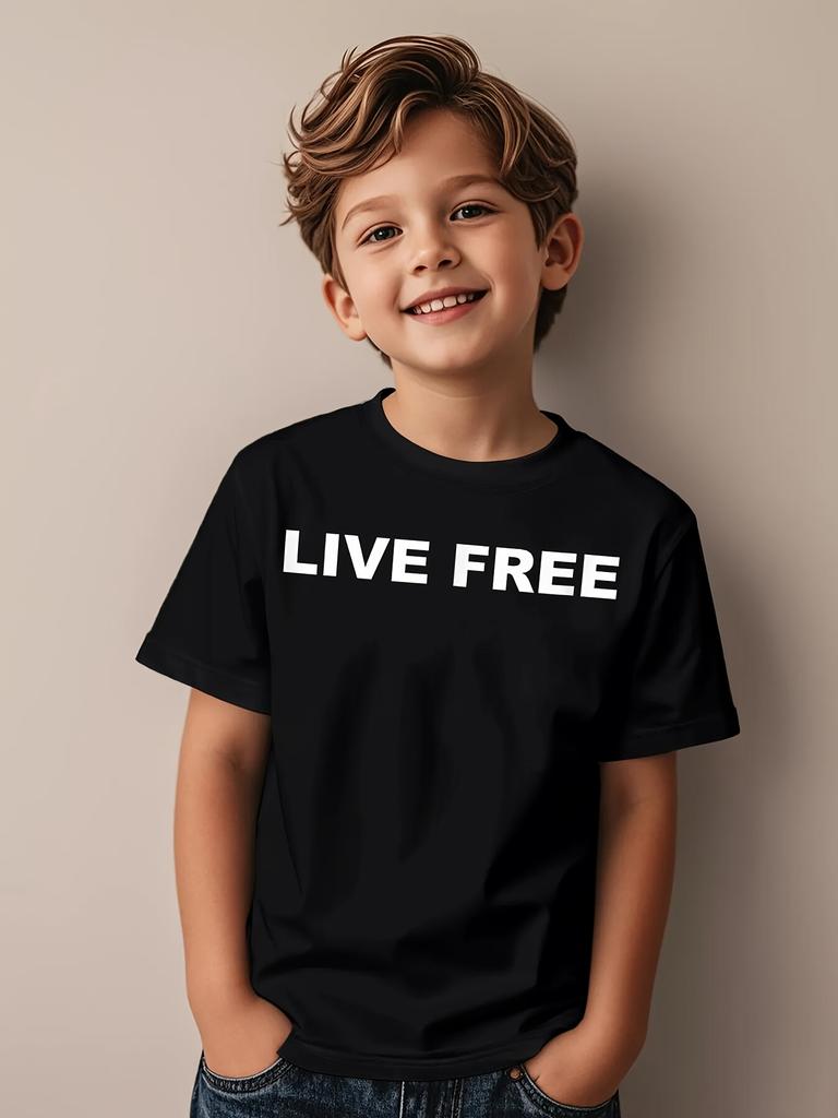 European sizes Live Free Christian Conservative Slogan T-Shirt - White Short Sleeve Round Neck Casual Tee with Black & White Lettering