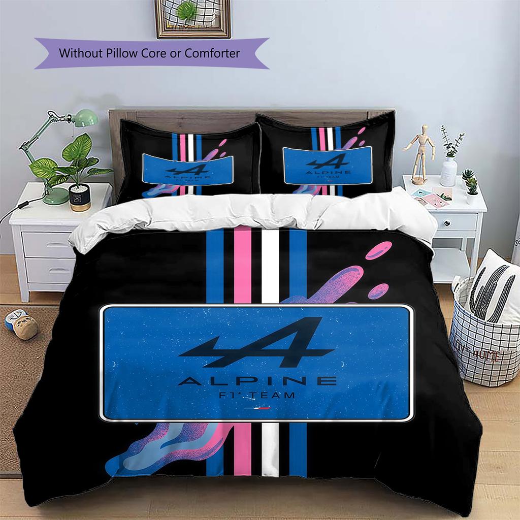 Alpine F1 Team Muster Bettwäsche Steppbett Set Heimdekoration Geschenk (1 Bettbezug + 2 Kissenbezüge (ohne Füllung))