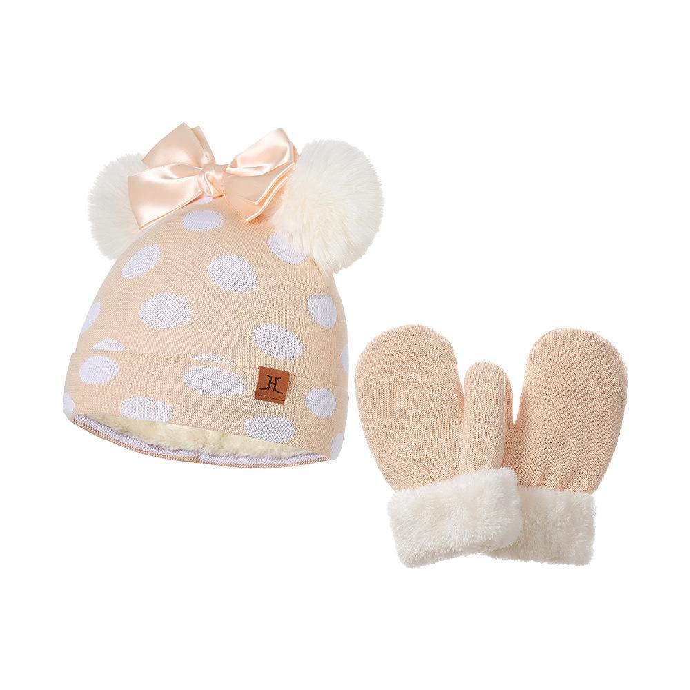 Bow Knot Polka Dot Woolen Hat Scarf Two-piece Set for Autumn and Winter Girls and Babies, Warm Set