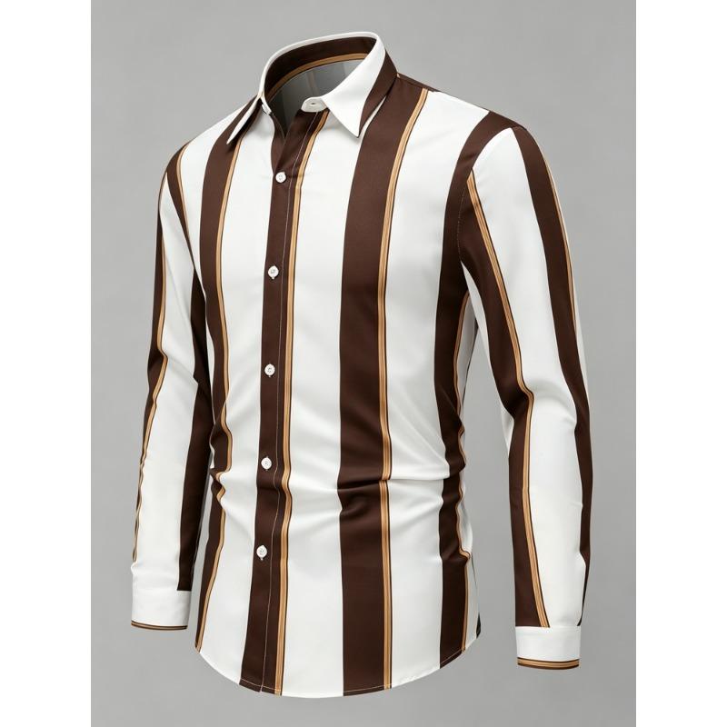 Men's Olive Green Vertical Striped Long Sleeved Shirt with Collar, European and American Business Daily Casual Versatile Top