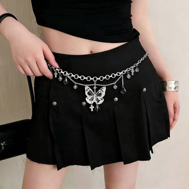 Butterfly Tassel Waist Chain Y2K Trendy Cross Imitates Pearls Waist Chain Jeans Skirts Accessories Vintage Belt