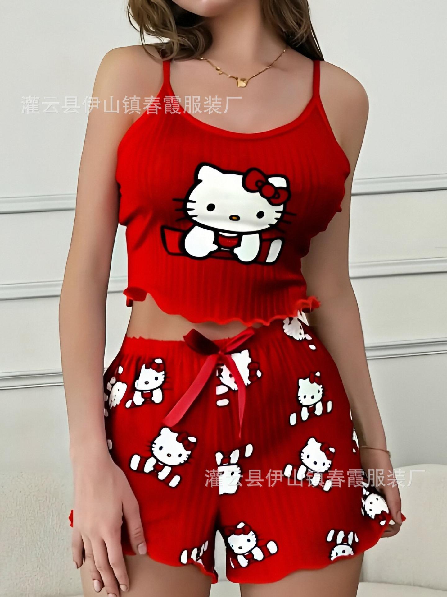 Women s pajamas, sling vest, shorts set, cute cat print summer loungewear S красный