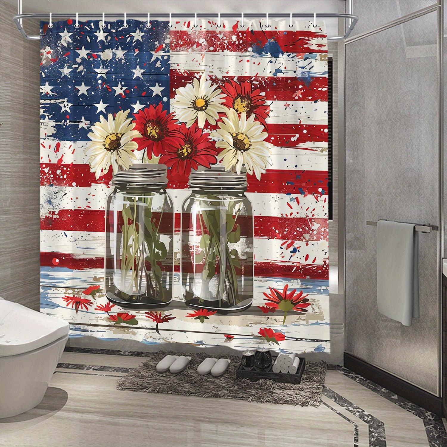 

Rustic American Flag Shower Curtain - Vintage Patriotic Design, Red & White Daisies In Jars, Distressed Background, 12 Hooks W60H190(CM)-1 Pcs