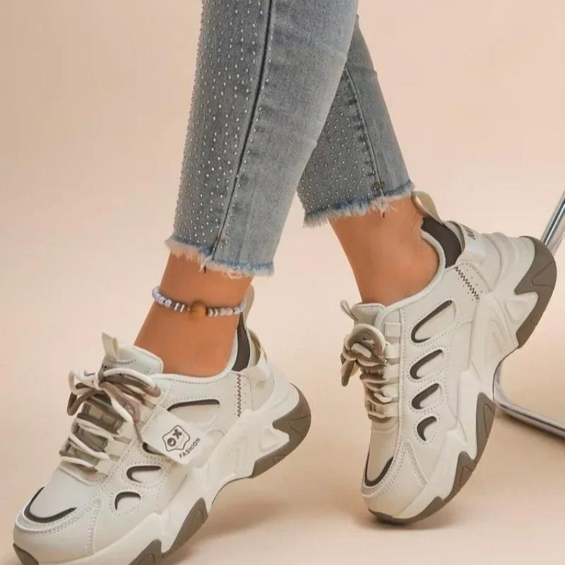 2025 New PU Versatile Women's Vulcanized Sneakers Mixed Color Lace Up Breathable Outdoor Comfortable & Hot Sale Casual Shoes