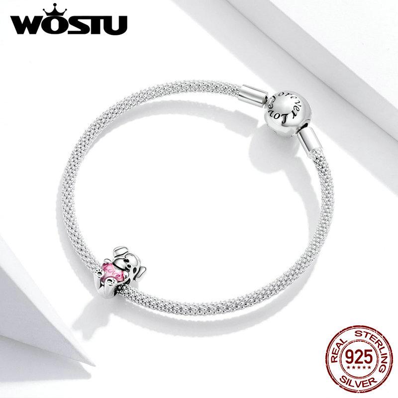 WOSTU 925 Sterling Silver Puppy Dog Bead Cute Animal Pink Enamel Charm Fit Original Bracelet Necklace Lovely Jewelry CQC1677