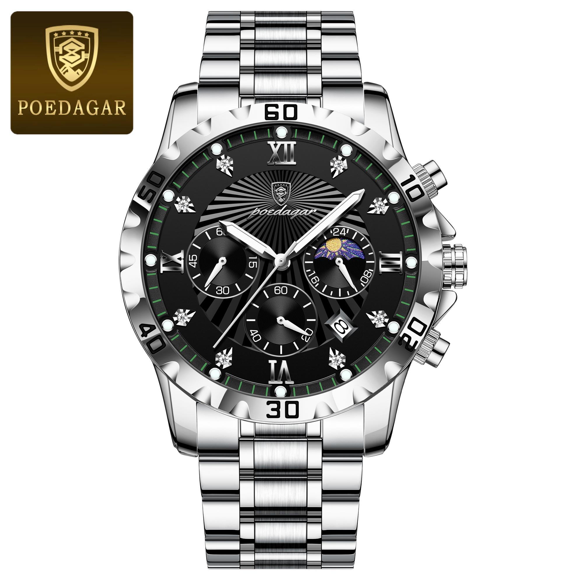 

POEDAGAR Luxury Military Watch For Men Waterproof Luminous Chronograph Date Wristwatch Stainless Steel Quartz Watches срібний/чорний