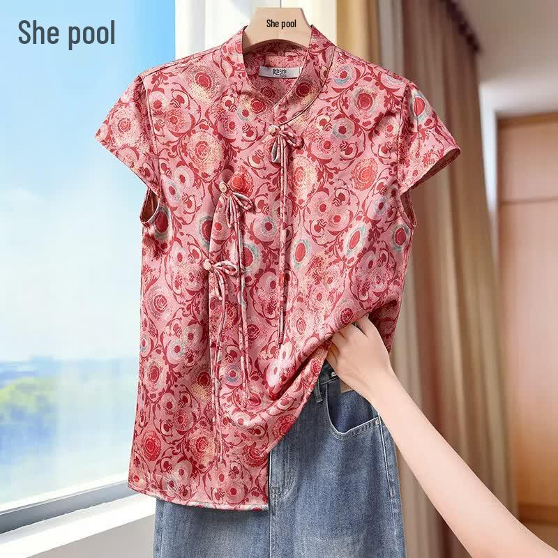 Women s New Chinese Style Floral Short Sleeve Shirt M
