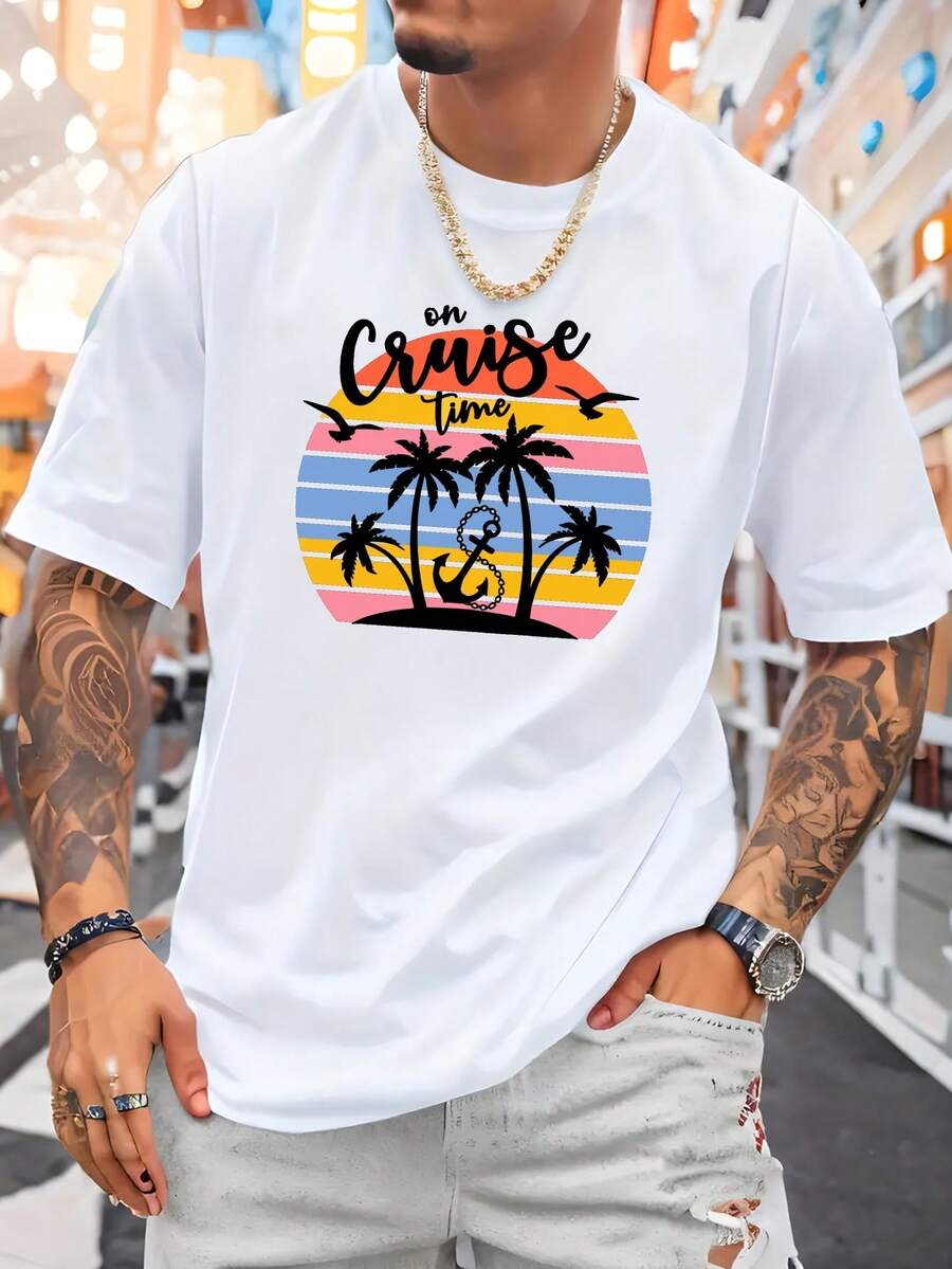 

Summer Fashionable Cruise Time Unisex s Short-Sleeved T-Shirts - Printed Round Neck Casual Versatile Tops XXXL