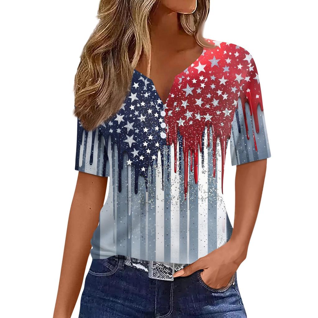 Women's T Shirt Independence Day Print Button Short Sleeve Daily Weekend Fashion Basic V- Neck Regular Top