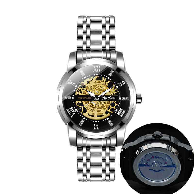 Aili Feida Men's Quartz Hollow Watch with Visible Back and Butterfly Buckle