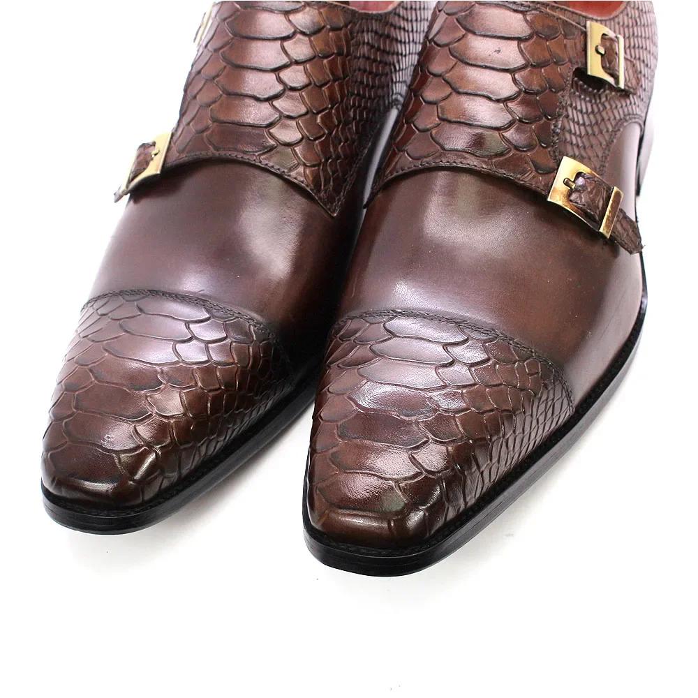Fashion Men's Dress Shoes Size 39-46 Genuine Leather Double Buckle Monk Strap Snake Print Cap Toe Classic Italian Style