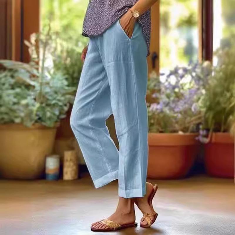 Fashion Loose Casual Women Straight Leg Pants Solid Color Elastic Waist Plus Size Simple Pockets Office Pants Spring Summer Elegant Trousers Clothing