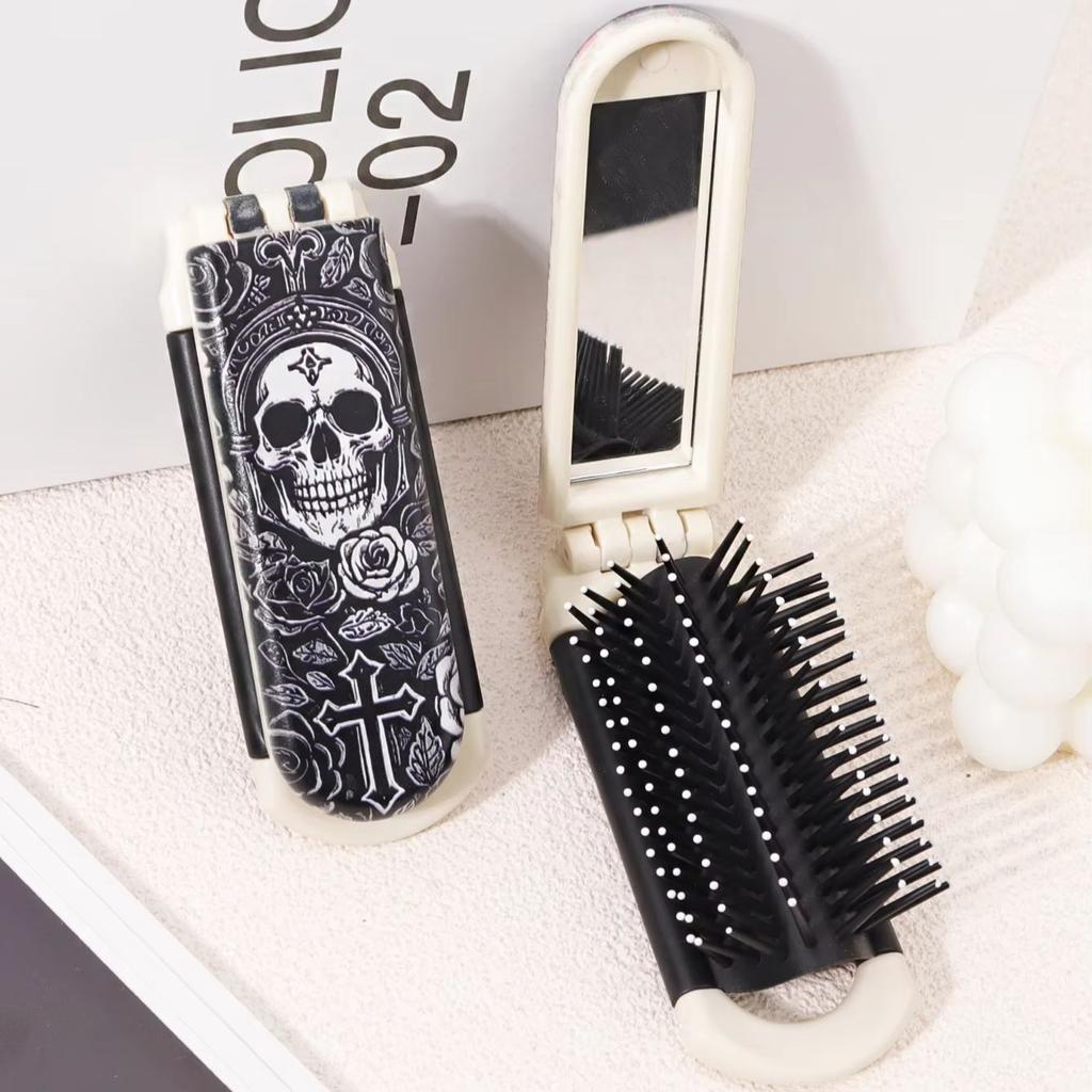 1pc Skeleton Flower Cross Pattern Folding Haircomb with Built in Mirror for Gentle Combing and Styling