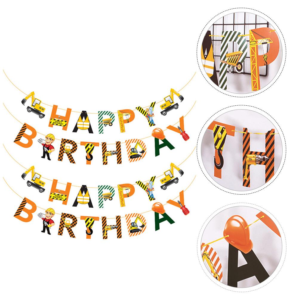 2 Pcs Engineering Car Pull Flowers Happy Birthday Banner Decorations Construction Fornite Ornament Home The Baby