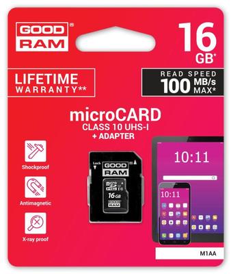MicroSDHC-Speicherkarte GOODRAM 16GB M1AA-0160R12 cl 10 UHS-I + Adapter