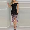 Sommer formelles Kleid mit Blumenmuster, schulterfrei, unregelmäßig, geteilte Rüschen, figurbetontes Kleid für Hochzeit, Party, Bankett