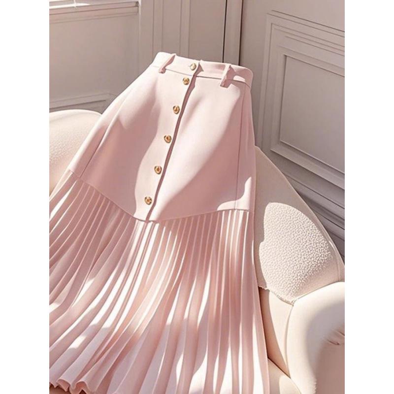 Trendy Pink Patchwork Pleated A-line Midi Skirt: Pear-Shaped, High-Waisted, Hip-Covering, Slimming Design for Women
