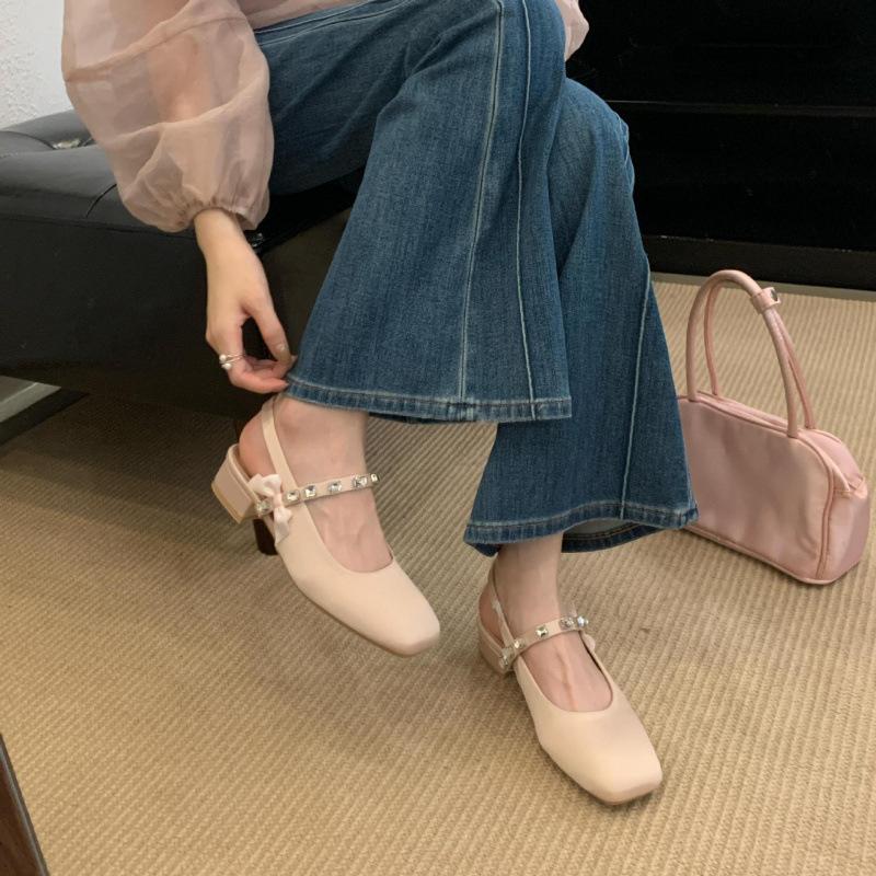 2025 new retro Mary Jane single shoes back strap summer square head medium heel French bag head sandals women's spring and autumn