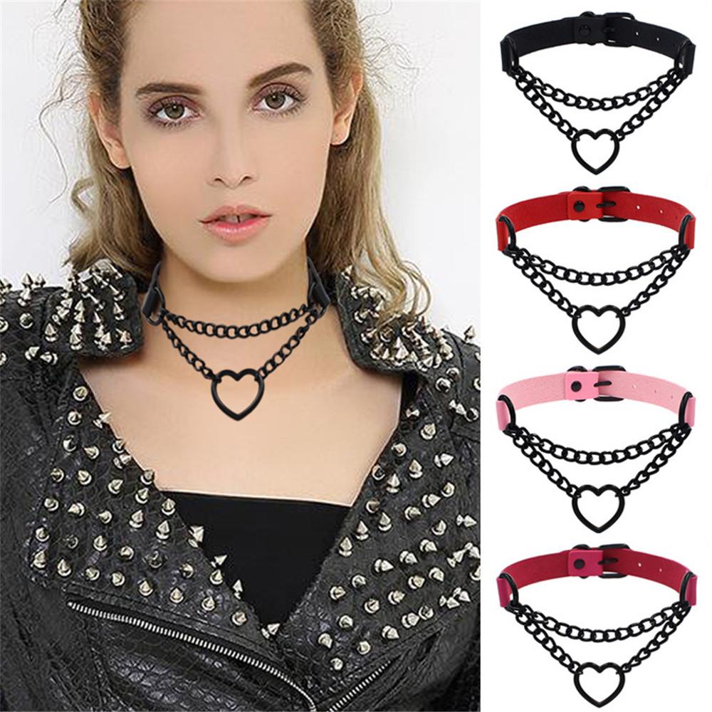 Mode Enkel Metallhjärta Hänge PU-läder Halsband Sexig Dam Halssele Choker Krage Smyckestillbehör Gåva Punk Goth
