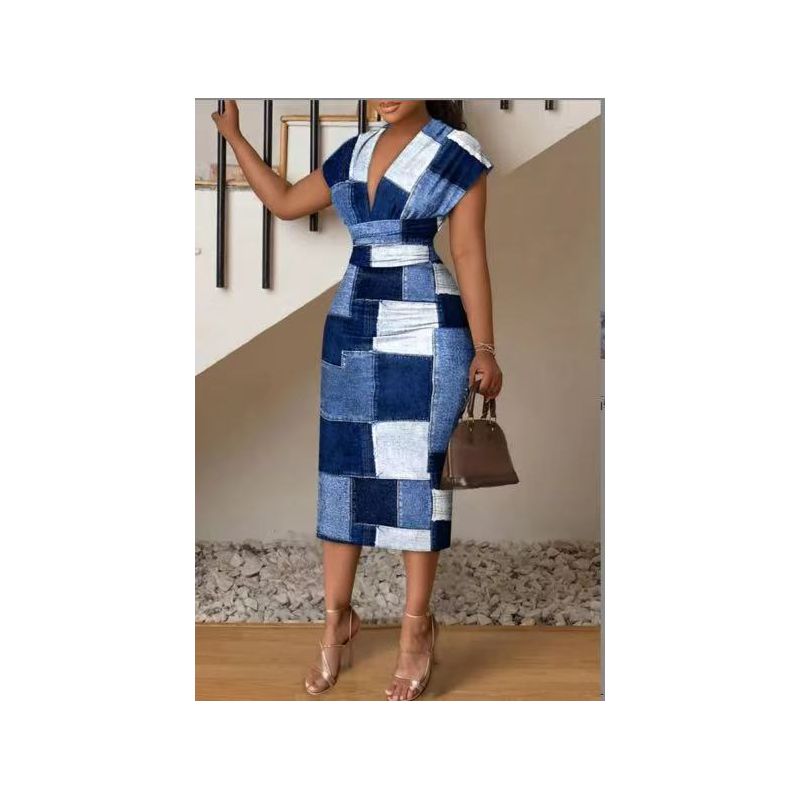 

Модный стиль Весна и Лето Новое поступление Глубокий V-образный вырез Облегающее талию Платье-футляр Клетчатый принт Женское средней длины Длинное Длинный рукав Платье Denim Blue Print XL