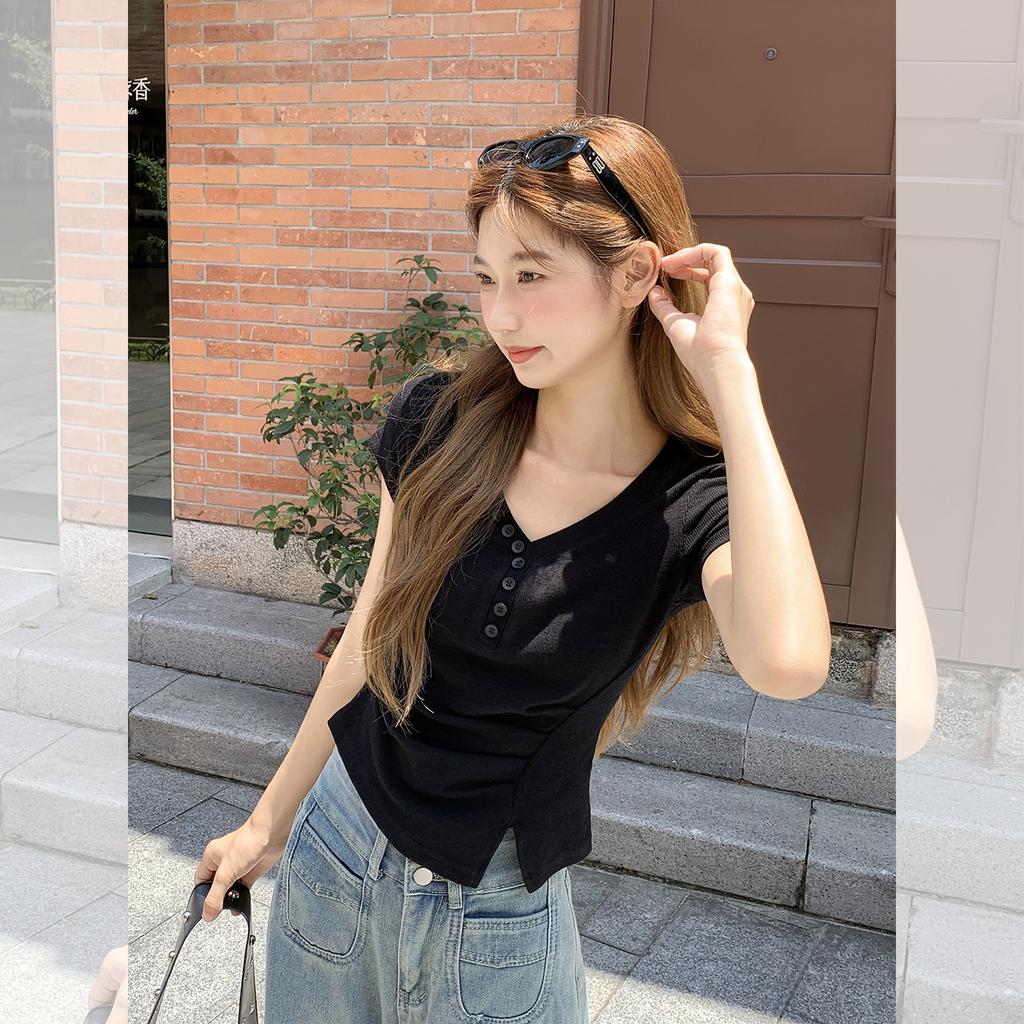 Pure Desire Irregular Hem V-neck Front Shoulder Short-sleeved T-shirt Women's Summer New Niche Unique and Beautiful Top