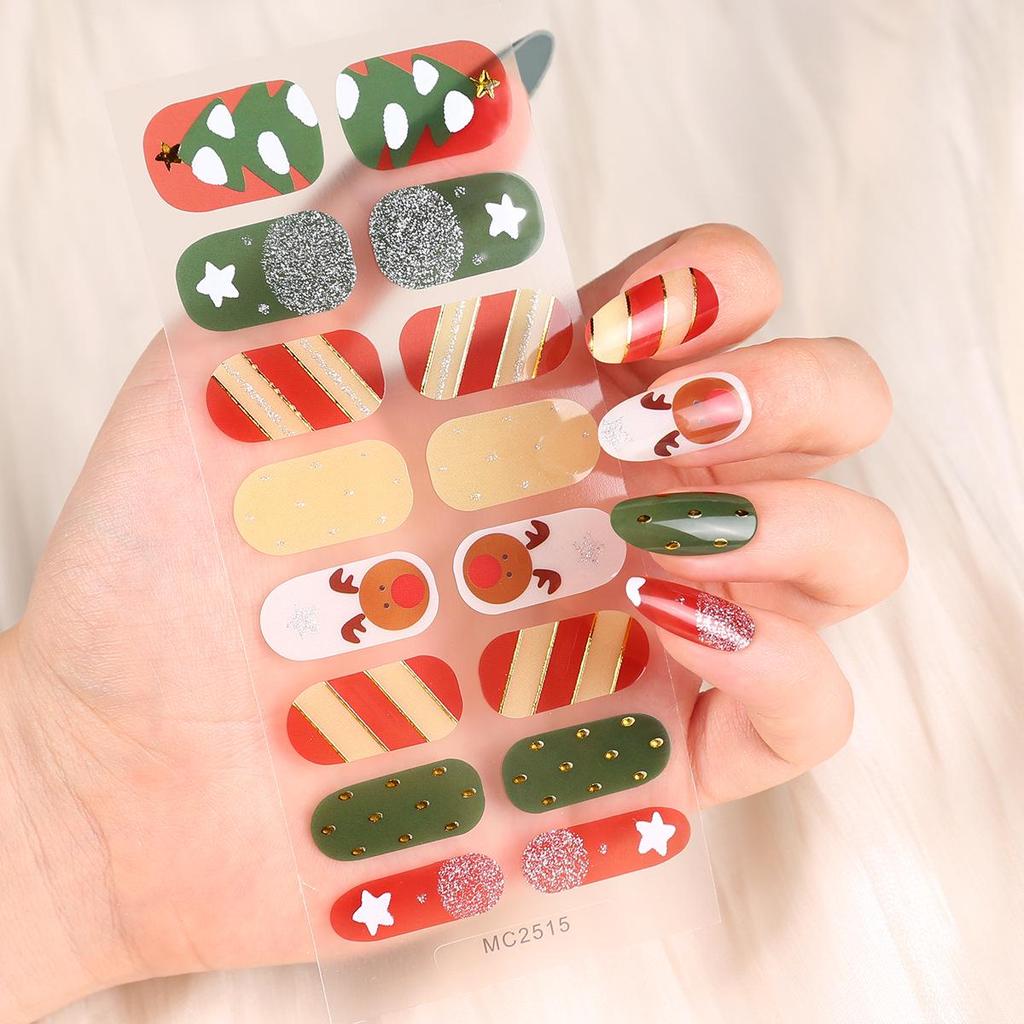 16-Piece European/American Christmas Gel Nail Stickers – No-Bake, French Manicure Style