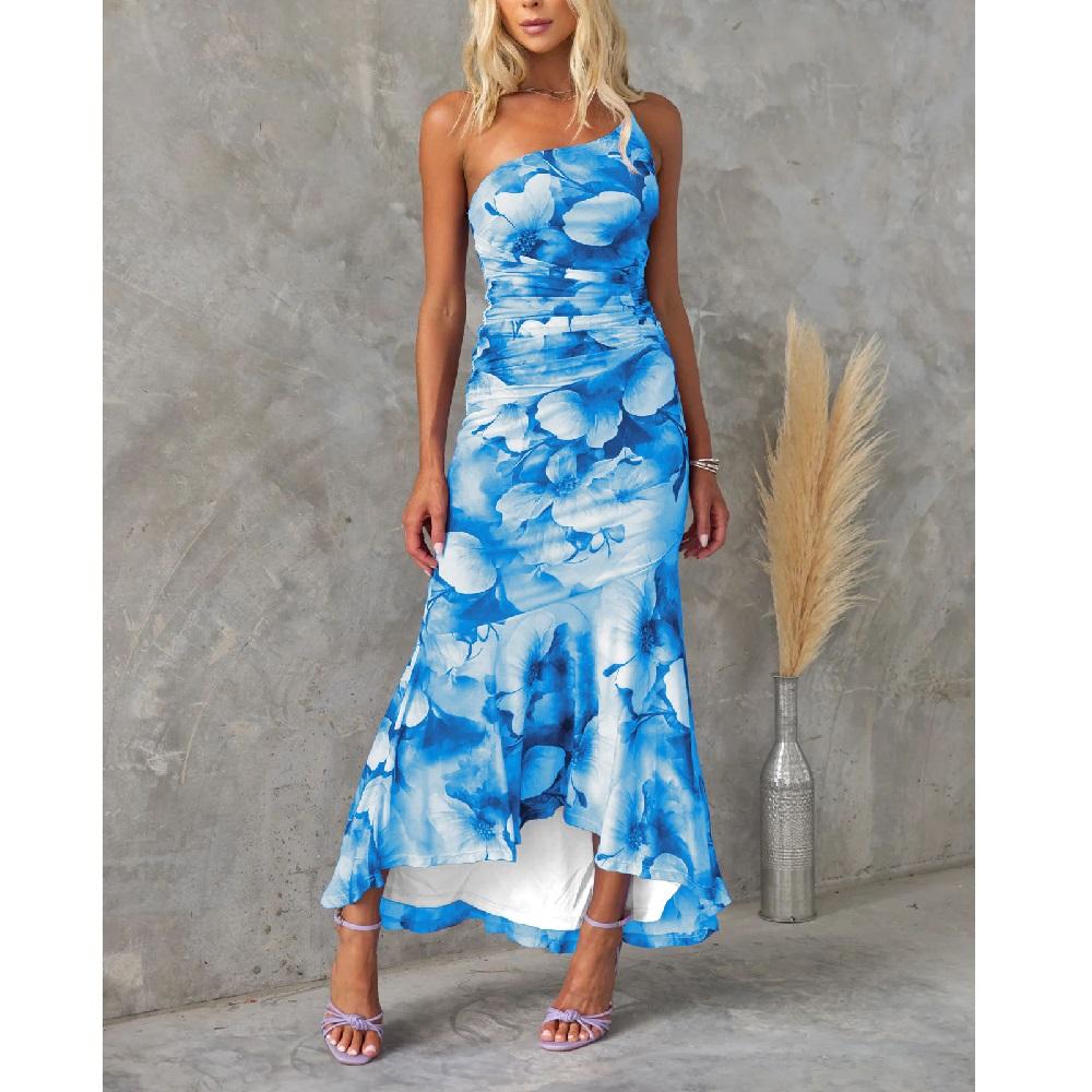 Women Summer Slash Neck Long Dresses Ladies Fashion Floral Printing Ruffle Hem Pleated Bodycon Party Maxi Dress