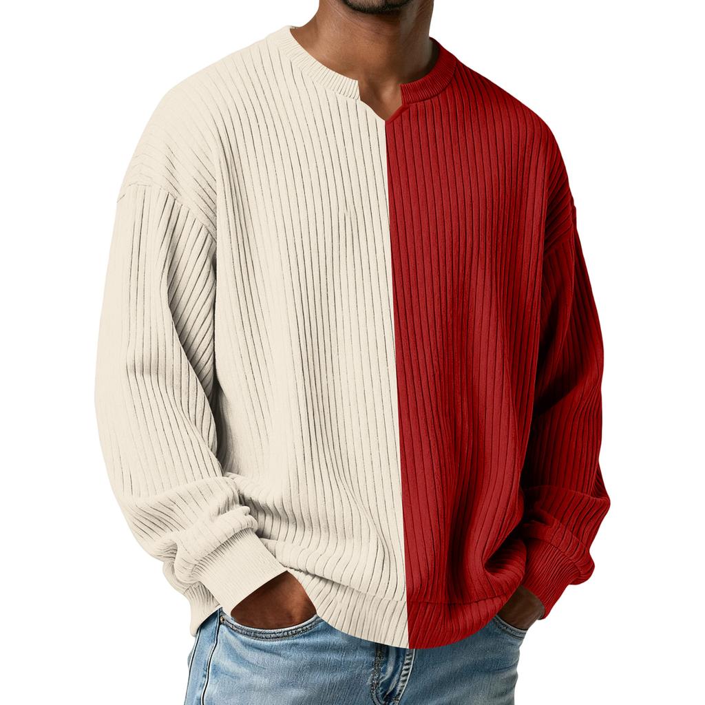 Herrars Färgblockerad Stilfull V-ringad Ribbad Texturerad Långärmad T-shirt