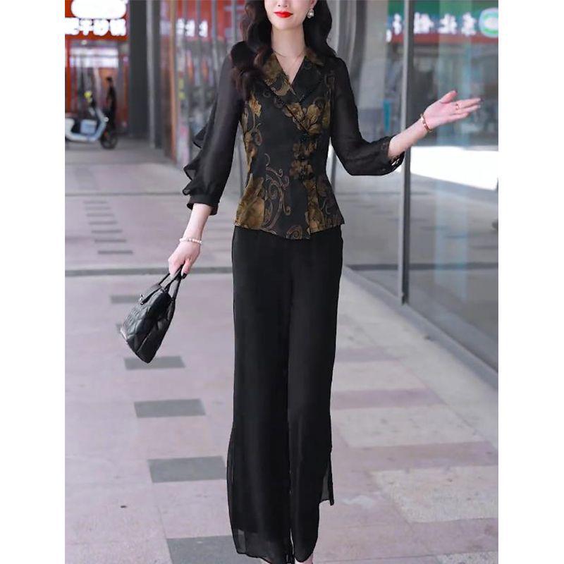 Luxury Women's Chinese-Style Wide-Leg Pants Set - Spring 2025 Collection: Elegant Two-Piece for Spring & Autumn