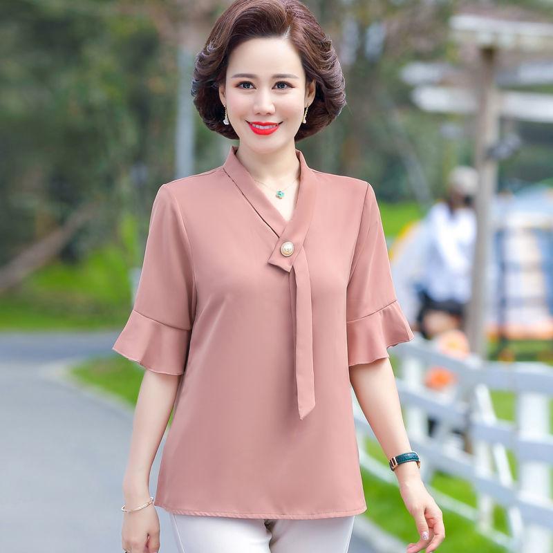 Topuri din șifon de damă Cămașă moale de vară pentru mame Cămașă pulover cu mânecă scurtă Femei de vârstă mijlocie