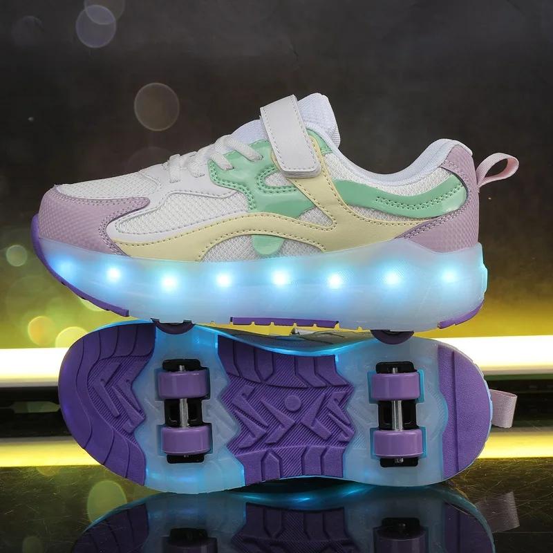 NEW Children's Roller Skating Shoes 4 Wheel LED Skating Shoes 2 in 1 Removable Pulley Skate Skating Parkour Sneaker with Wheels