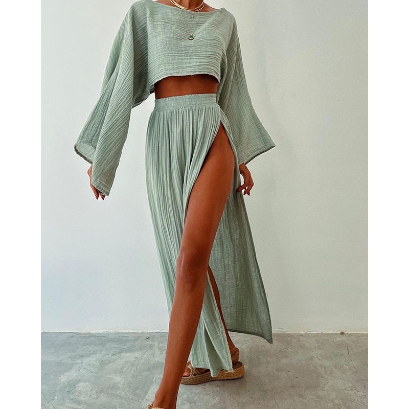 2024 Casual Vacation Linen Blend Short Top High-Waisted Chic Slit Cotton-Linen Casual Two-Piece Set Light Green M