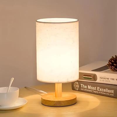 Lampada da scrivania moderna in stile nordico in tessuto tricolore da 1 pezzo con base in legno, alimentata tramite USB