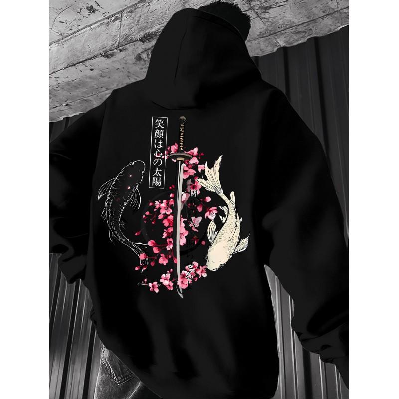 Unisex Oversized Hoodie Met Japanse Koi Zwaard Kerselbloesem Ukiyo-e Print Losse Pasvorm Streetwear