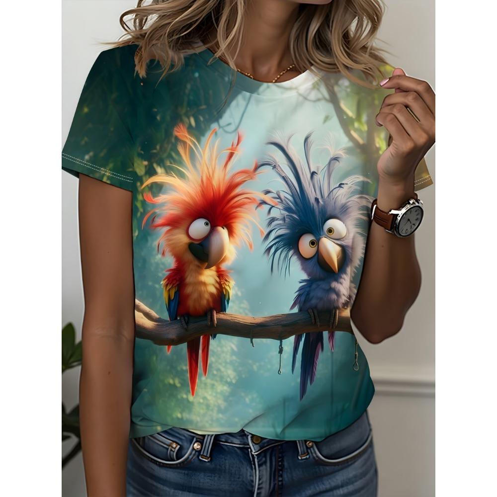 2026 Summer Fashion 3D Parrot Print Women T-Shirts Casual O-Neck Short Sleeve Tees Animal Print Trend Daily Wear Female Clothing