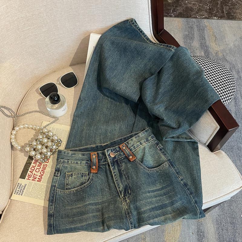 American Retro High-Waisted Blue Wide-Leg Denim Pants for Women - Trendy Slimming Summer Style
