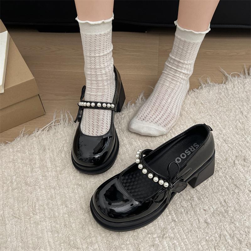 Black French retro rough high heel light mouth single shoes women's 2025 new summer with skirt bow Mary Jane shoes