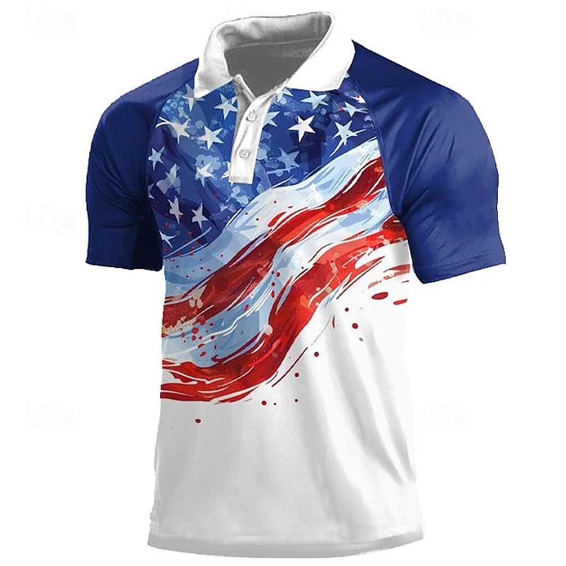Patriotic American Flag Print Polo Shirt, Casual Short Sleeve Top