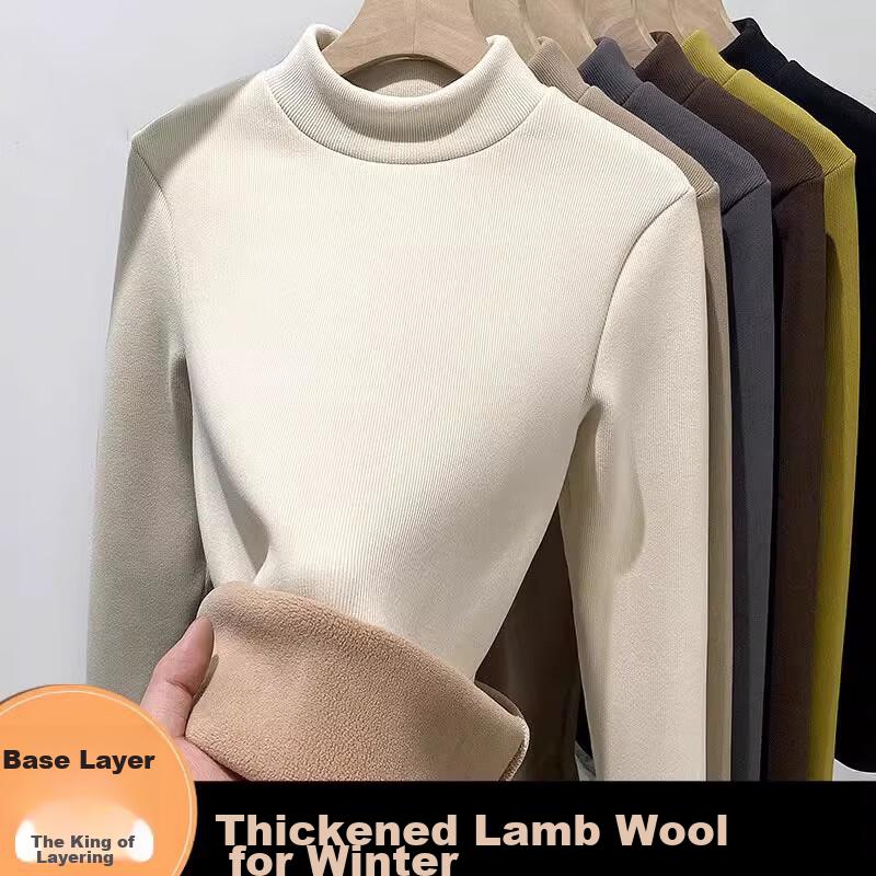 LANGSHA Autumn Winter Fleece-Lined Thickened Half Turtleneck Base Shirt for Women 7A Antibacterial Mite-Resistant Lamb Fleece Thermal Innerwear
